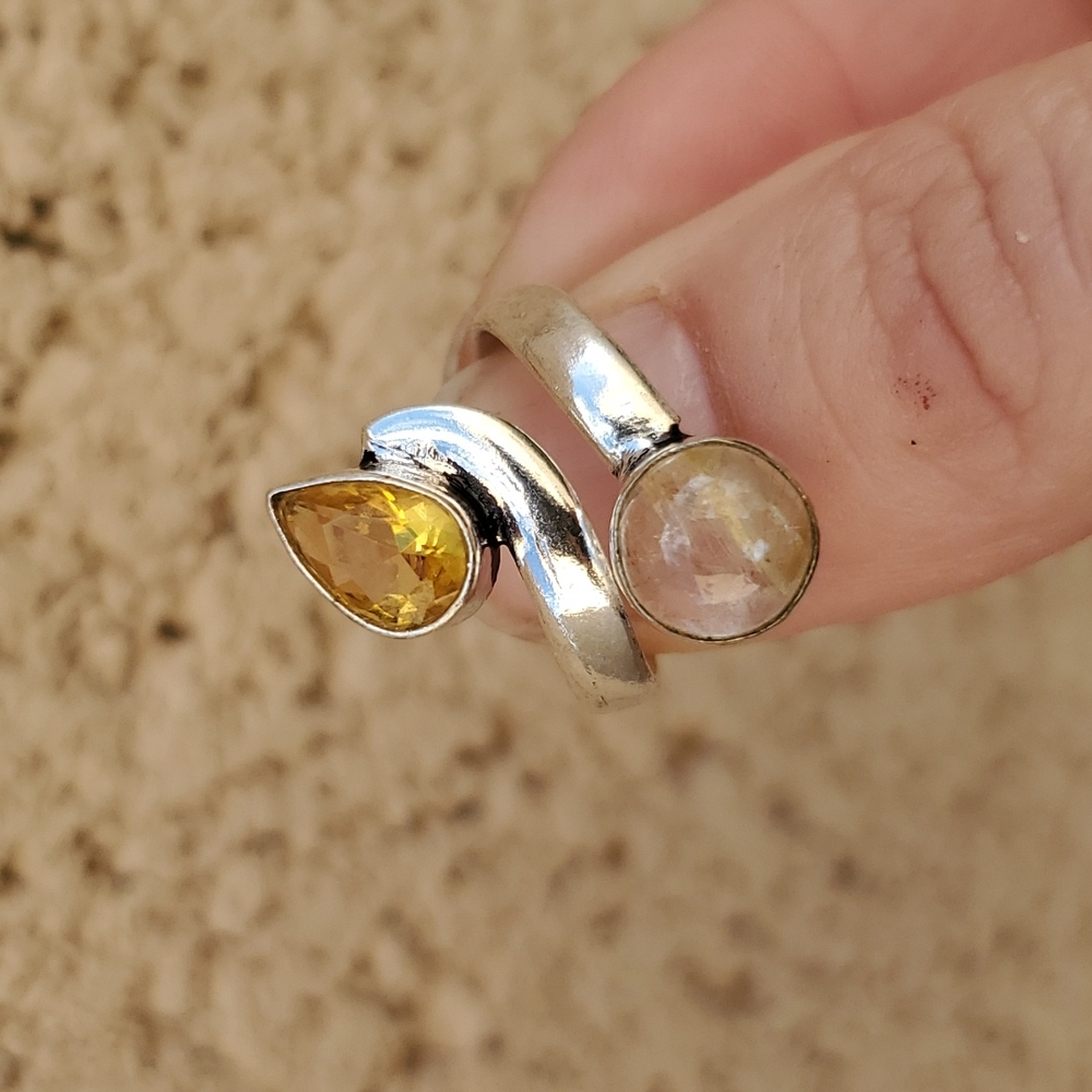 New Golden Rutile Quartz & Citrine Adjustable Silver Ring.